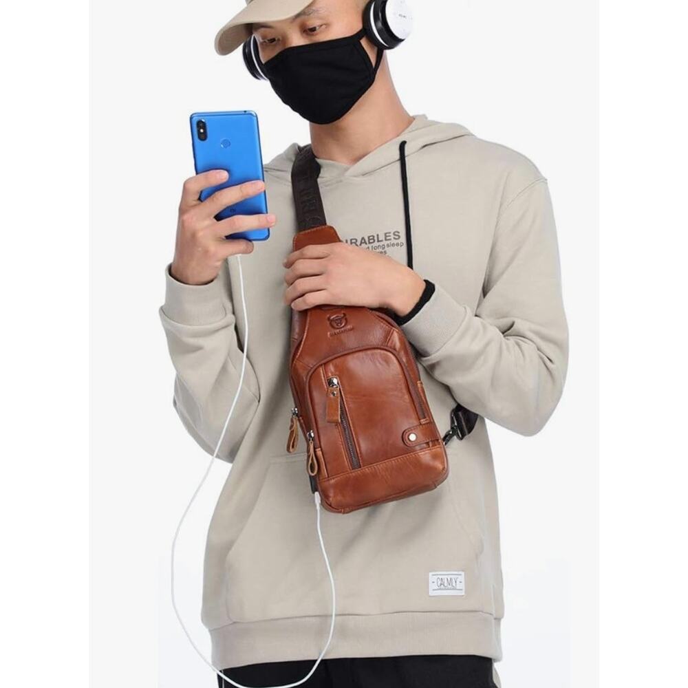 Bull Captain Leather Chest Bag w/ Nylon Strap Crossbody w/ USB Charging Port NWT - Picture 6 of 8